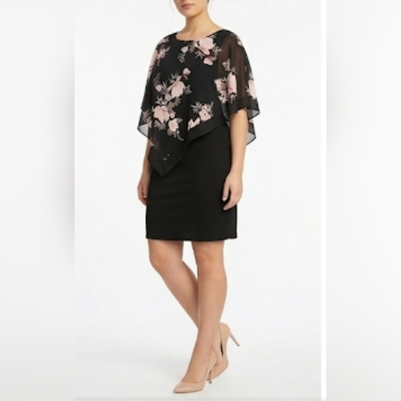 Suzy Shier Dresses & Skirts - 🌷Suzy Shier Black Dress with Blush Floral Asymmetrical Overlay🌷size:XXL